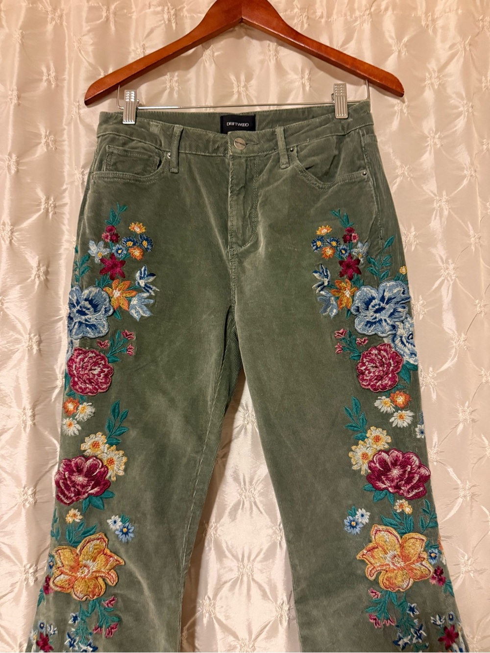 DRIFTWOOD x Free People Farrah Embroidered Corduroy Flare Pants Green Wide Leg - Picture 5 of 16